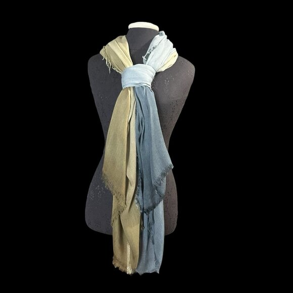 Scarf Ombré Blue Green Long Warm Soft Cotton Raw Edge - Picture 5 of 7